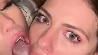 Cock-crazy sluts sharing a facial and cum kissing each other