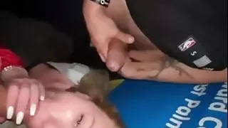 Blonde sucks two dicks in public