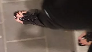 At the Railway Station in Latex Catsuit & Clear High Heels