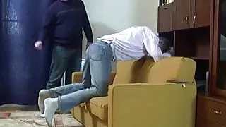 Tommy gets the riding crop on jeans and butt