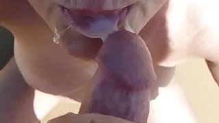 Blowjob cum in mouth, drip on tits