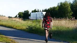Jenny walking without skirt outdoor