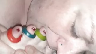 Bbw blue haired beauty eating lifesavers