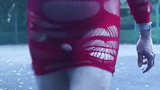 slutty red dress outdoors basketball court