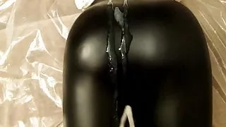 Cumshot on black leather leggings