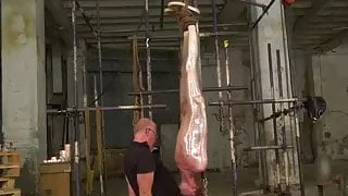 Twink wrapped in tape Avery Monroe sucks dick upside down