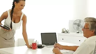 OLD4K. Old and young sex action performed in the white offic