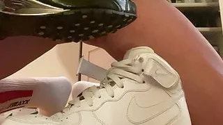 Pierced cock cumming in Nike shox