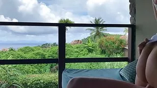 cock bouncing on a public balcony on honeymoon in paradise