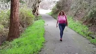 Bouncing her massive tits back from the shops