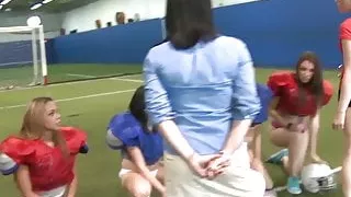 Frat girl dominates young lesbian chicks into hot foursome