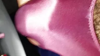 First cum through a burgundy satin bikini