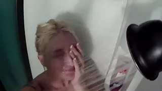Hot big titty blonde takes a shower
