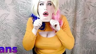 Chubby Shemale in Female Mask, Leather Leggings, and Bulge