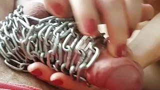 CBT from Mistress. Chain around balls. Handjob