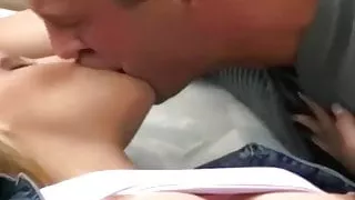 Petite and pretty blonde fucking outdoors in white thigh hi