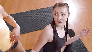 Fitness Rooms, FFM threesome with Latina Scarlet Rebel and Katy Ro