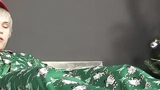 Skinny twink Ashton Cody shoves candy cane dildo up his ass