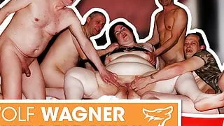 Swinger orgy! Fat slut enjoys 3 hard cocks! WolfWagner.com