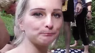 The slut's mouths were allowed in a circle on the street cum