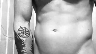 sexy husband with tattoos strokes his cock