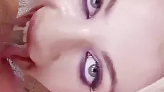 Milf giving blowjob and sucking balls takes cum in mouth