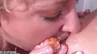 Mature BBW lesbians stuffing themselves with cakes