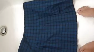 piss on blue tartan school skirt