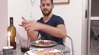 romantic dinner - handsome husband cums on pizza -