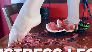 Crushing watermelon with nylon feet