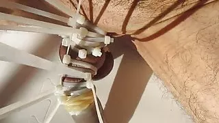 Purple cock and balls in self bondage