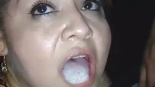 Slut wife swallows a mouthful of cum