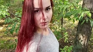 Redhead wife sucks cock in the forest and swallow. KleoModel
