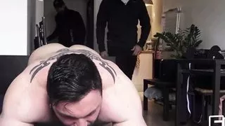 On all fours he's waiting for 2 big cocks