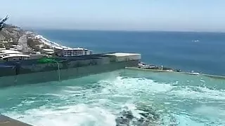 girl bit tits coming out of pool