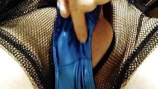Cumming in shiny blue thong and mesh