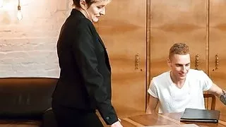 TUTOR4K. Mature woman with short haircut gives muff to young guy