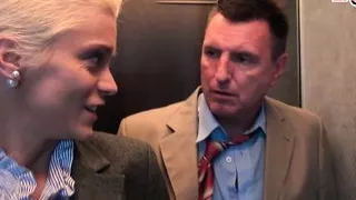 German blonde MILF with big tits and short hair does anal in an elevator