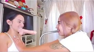 Two Sexy babes in clothes  Deepthroat Training by one dildo