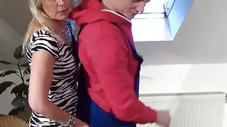 Horny German Mature Wife tricked Young Homeworker to Fuck