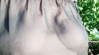 walk with see-through blouse without bra