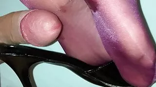 Shoejob, footjob, high heel mules, glossy violet pantyhose, feet
