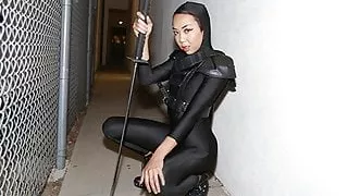 Petite Ninja Asian Teen Ties and Rides Guard