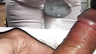 cumtribute on big round milf ass in thight suite jeans