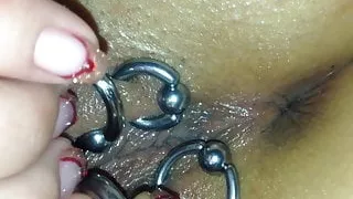 I try to stretch my pussy piercing. Mega pussy close up