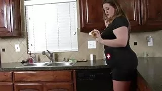 Hot big tits curvy Nurse on her kitchen counter