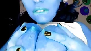 Busty Smurfette sucks and licks her eret blue nipples