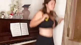 Girl jumping and bouncing her big breasts