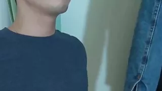 Sensual cute Asian twink strips and solo wanks his huge cock