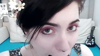 Teen angel loves to gag on the big black dildo